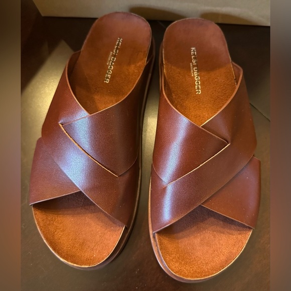 NIB KELSI DAGGER BROOKLYN Sailor Slide Leather Sandals 7.5 Peanut Saddle Brown - Picture 1 of 10